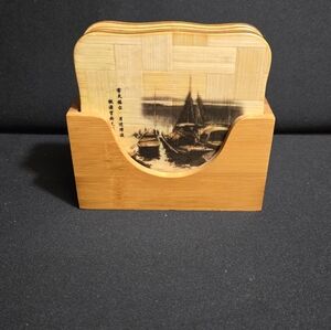 Vintage Set Of Six Woven Bamboo Coasters In Wooden Holder.